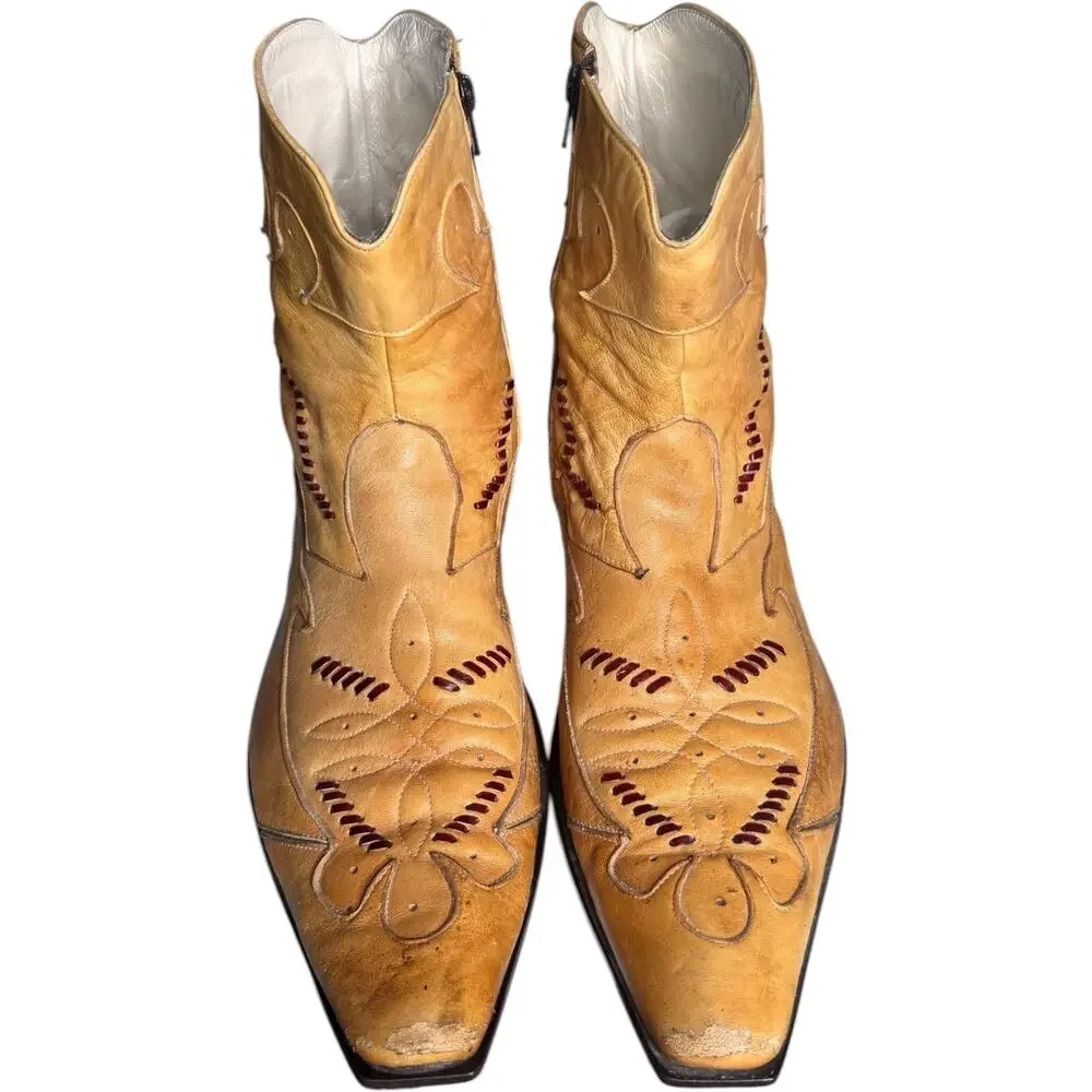 Vintage Jo Ghost Italian Western Cowboy Ankle Boots Tan Leather Size 45 11.5-12